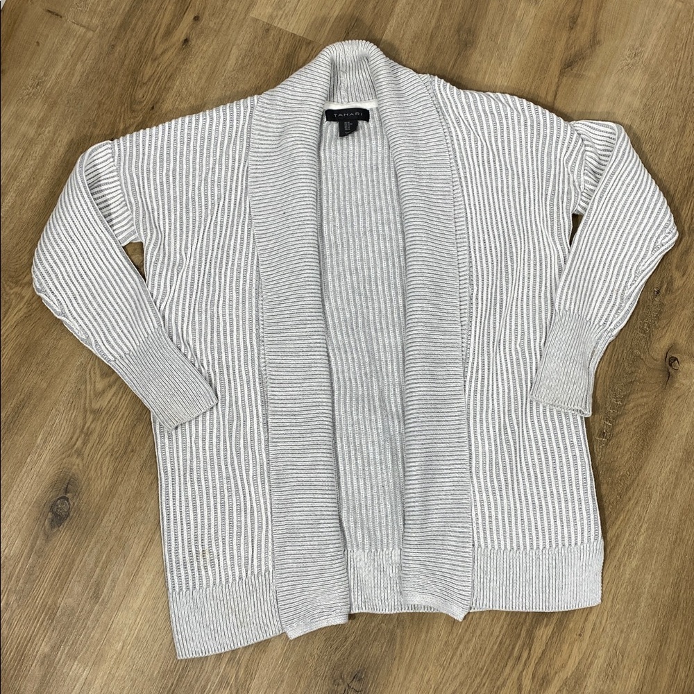 Tahari Gray & White Women's Open Front Cocoon Cardigan Sweater size medium